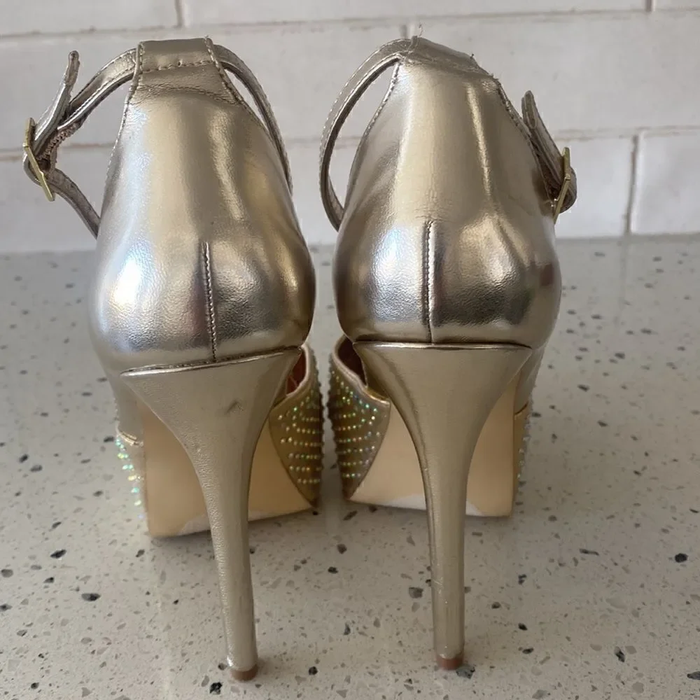 Steve Madden MEA Gold Bling Platform Stiletto Heels Ankle Strap Size Size 6